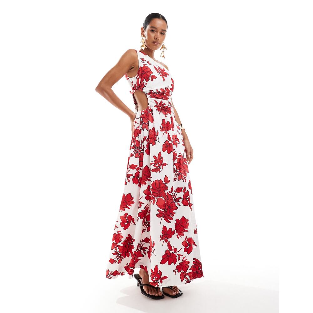 Abercrombie & Fitch Red and White Floral One Shoulder Cutout Maxi Dress Size XL - Picture 2 of 12